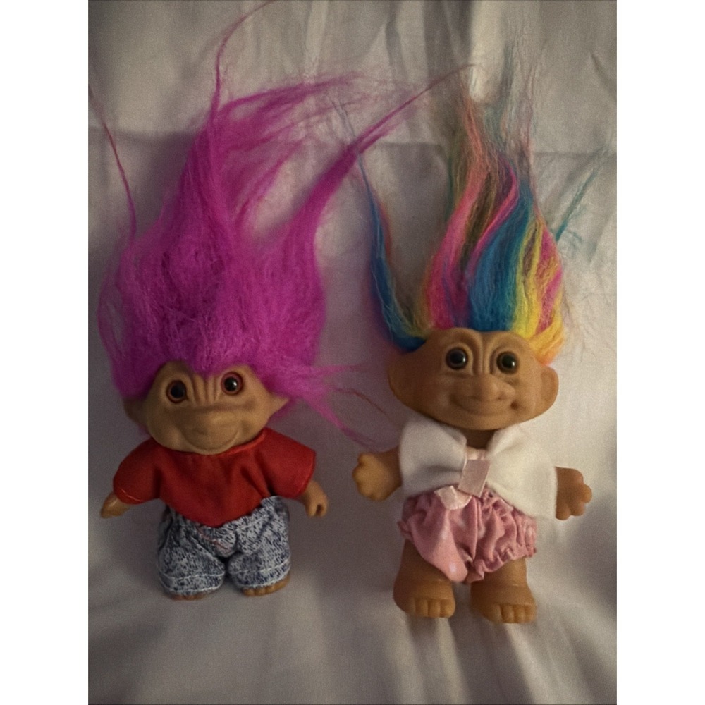 Vintage Troll Dolls Lot of 2 Rainbow Magenta Hair 90s Retro Collectible Toys